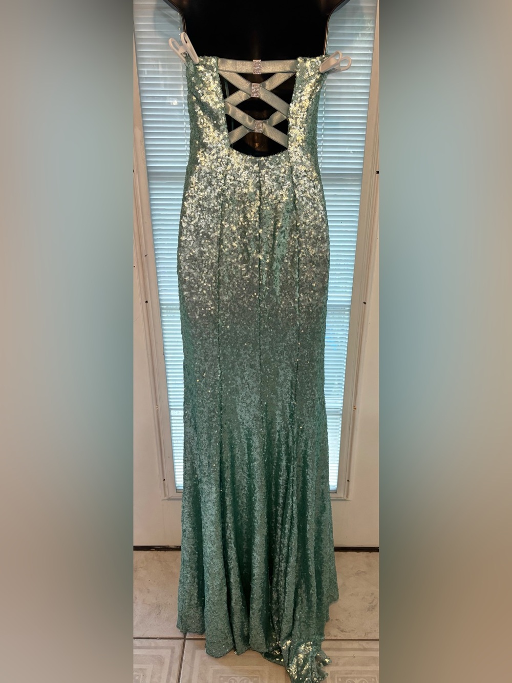 Aqua Sequin Strapless Prom Gown with Front Slit - Picture 4 of 6